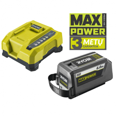 Akumuliatoriaus ir kroviklio komplektas Ryobi RY36BK60B-160, 36 V, 6,0 Ah Akumuliatoriaus ir kroviklio komplektas Ryobi RY36BK60B-160, 36 V, 6,0 Ah