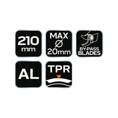 210 mm apein kirpimo žirklės, iki 20 mm diapaz, alium, TPR guma dengta rank 6