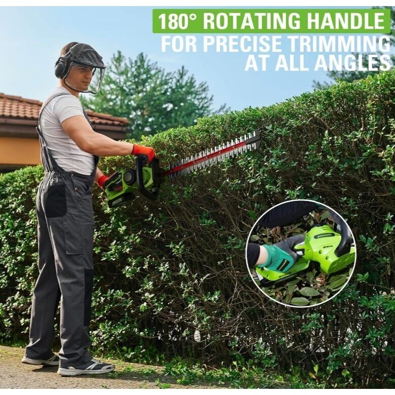 Akumuliatorinės gyvatvorių žirklės Greenworks G24HT56IIK2, 24V, 56cm, 1x2.0Ah 1 Akumuliatorinės gyvatvorių žirklės Greenworks G24HT56IIK2, 24V, 56cm, 1x2.0Ah 1