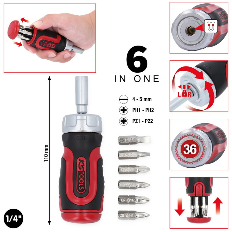 6 in 1 Mini ratchet bit driver, 1/4´´, KS Tools 1 6 in 1 Mini ratchet bit driver, 1/4´´, KS Tools 1