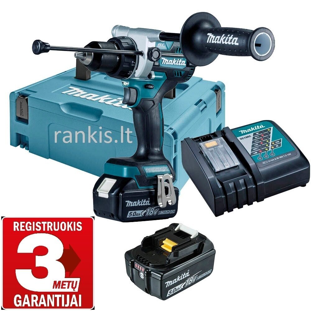 Akumuliatorinis smūginis gręžtuvas Makita DHP486RTJ, 125Nm, 2x5Ah Akumuliatorinis smūginis gręžtuvas Makita DHP486RTJ, 125Nm, 2x5Ah