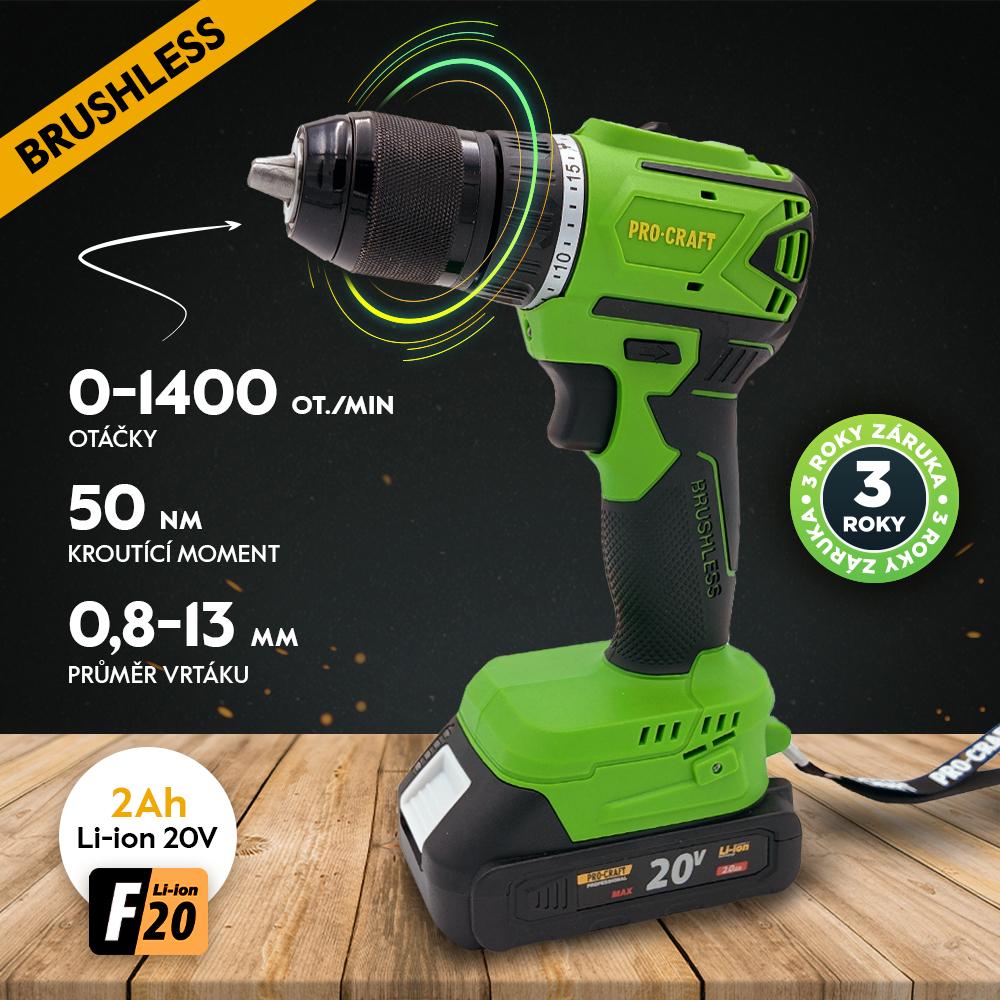 Akumuliatorinis suktuvas - gręžtuvas ProCraft PA18LiN, 20 V, 2 Ah 1 Akumuliatorinis suktuvas - gręžtuvas ProCraft PA18LiN, 20 V, 2 Ah 1