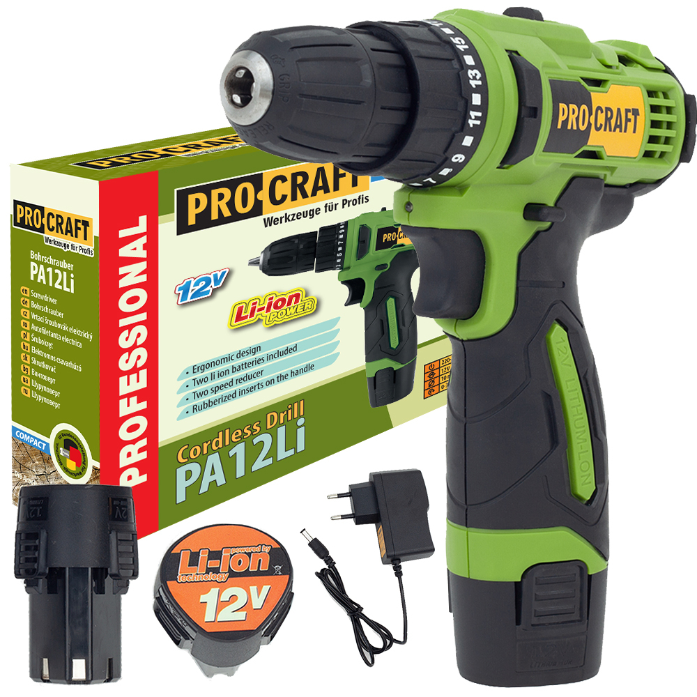 Akumuliatorinis suktuvas - gręžtuvas ProCraft PA12Li Compact, 12 V, 2x1.5 Ah, 22 Nm Akumuliatorinis suktuvas - gręžtuvas ProCraft PA12Li Compact, 12 V, 2x1.5 Ah, 22 Nm