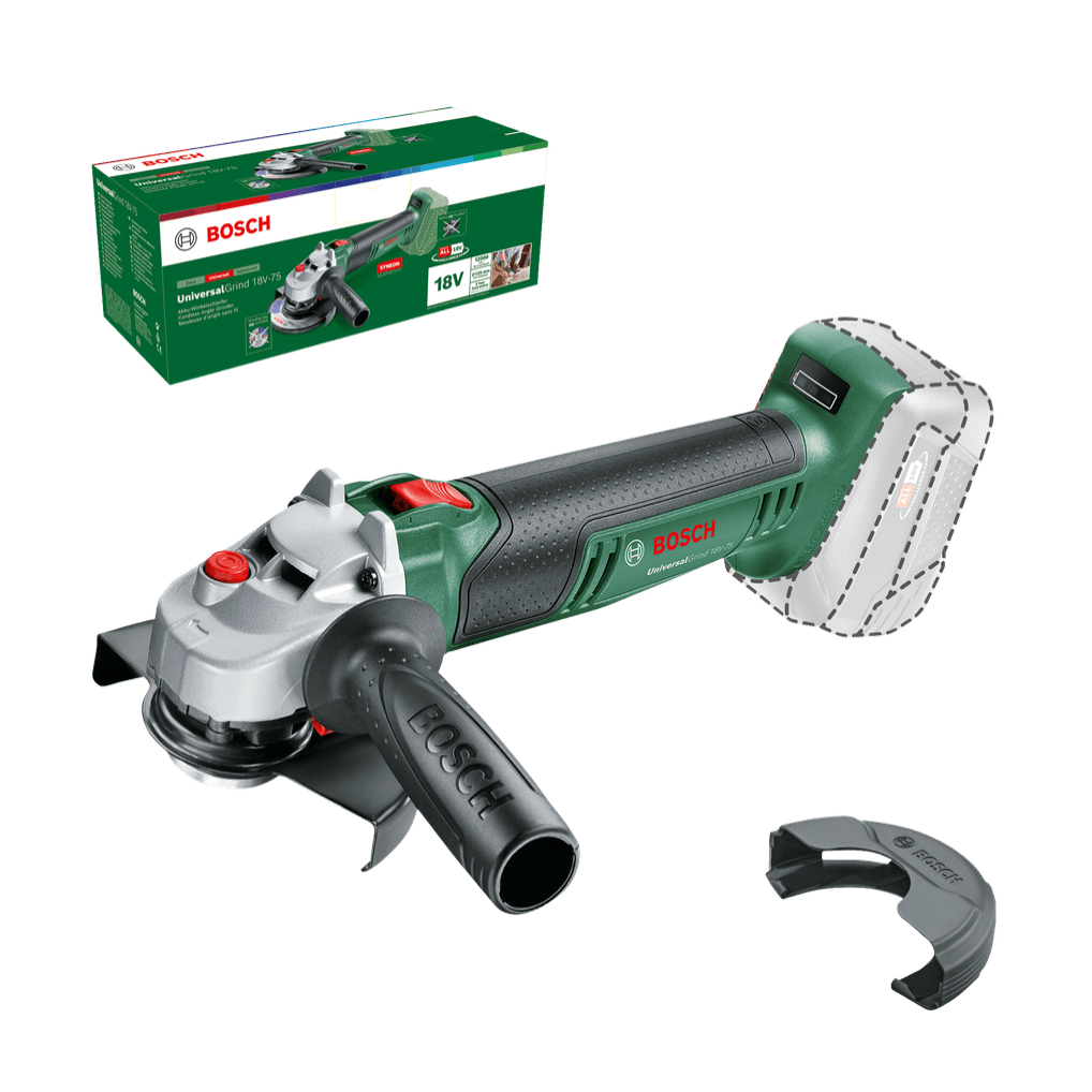 Akumuliatorinis kampinis šlifuoklis Bosch Universal Grind18V-75, 18 V, (be akum. ir krov.) Akumuliatorinis kampinis šlifuoklis Bosch Universal Grind18V-75, 18 V, (be akum. ir krov.)