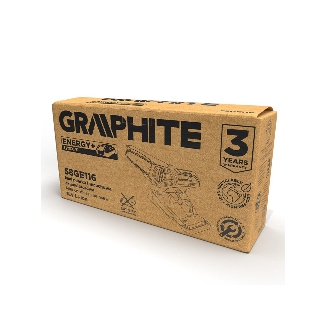 Akumuliatorinis mini grandininis pjūklas GRAPHITE 58GE116 Energy+ 18V Li-lon 1 Akumuliatorinis mini grandininis pjūklas GRAPHITE 58GE116 Energy+ 18V Li-lon 1