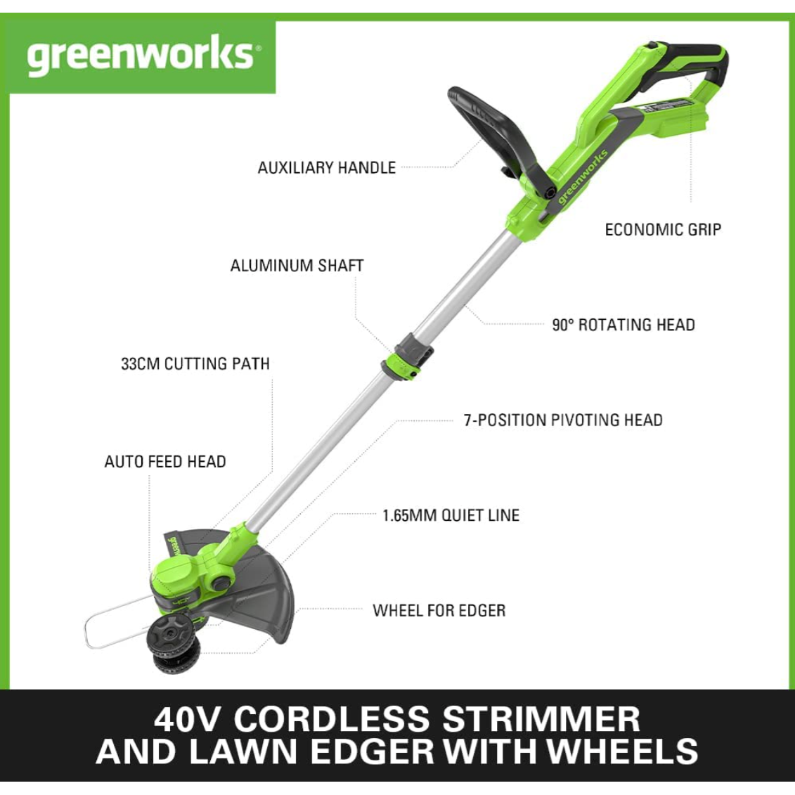 Akumuliatorinė žoliapjovė / trimeris Greenworks G40LT33K2, 40 V, 2,0 Ah, 33 cm 1 Akumuliatorinė žoliapjovė / trimeris Greenworks G40LT33K2, 40 V, 2,0 Ah, 33 cm 1