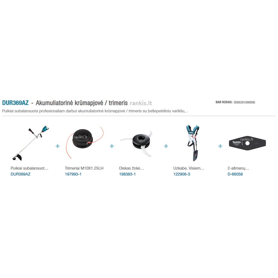 Akumuliatorinė krūmapjovė / trimeris Makita DUR369AZ, 2x18V 1 Akumuliatorinė krūmapjovė / trimeris Makita DUR369AZ, 2x18V 1