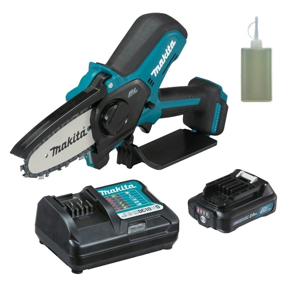 Akumuliatorinis grandininis genėjimo pjūklas MAKITA UC100DWA, 12 V, 2.0 Ah + alyva