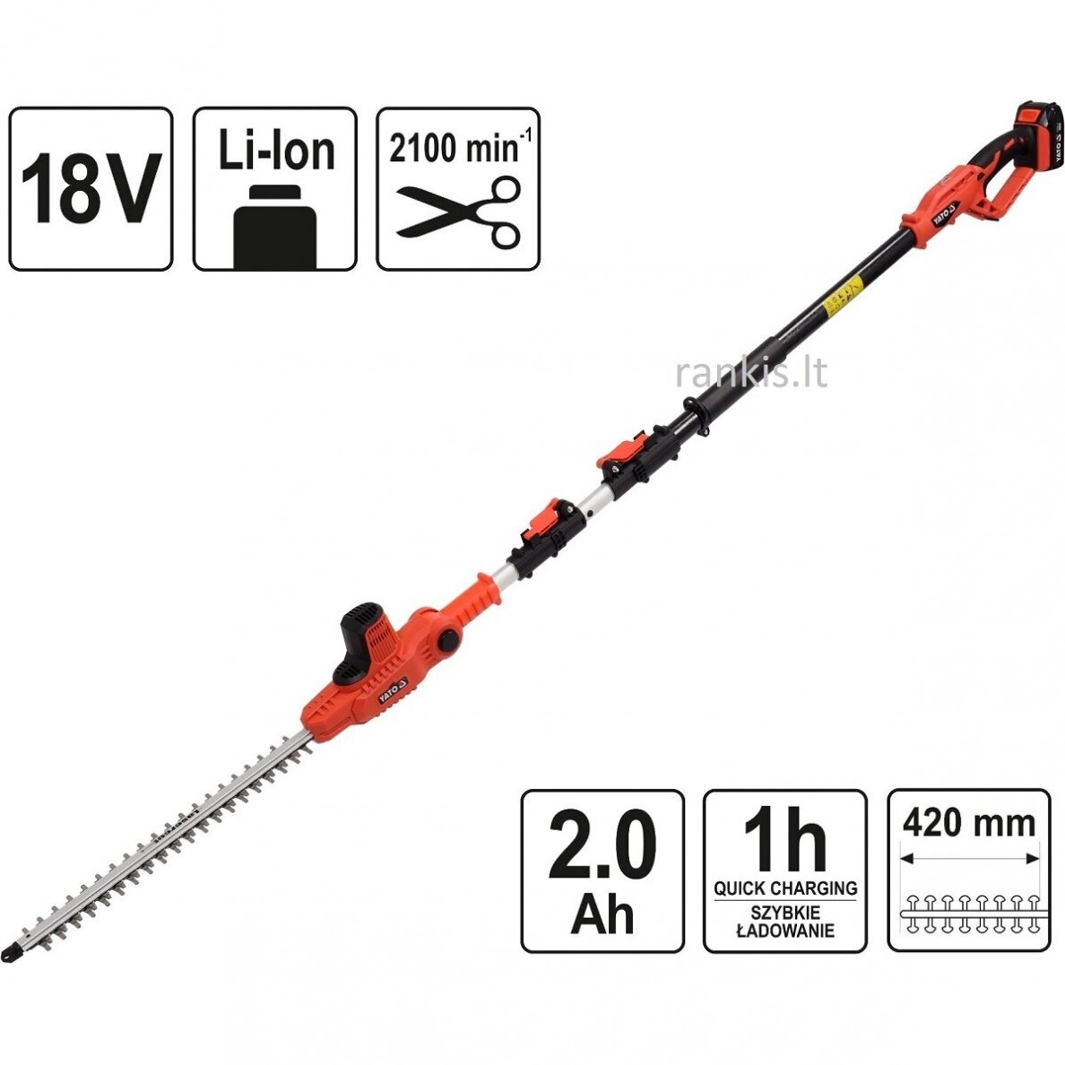 Akumuliatorinė aukštapjovė - gyvatvorių žirklės Yato YT-82834, 1x2Ah, 18V Akumuliatorinė aukštapjovė - gyvatvorių žirklės Yato YT-82834, 1x2Ah, 18V