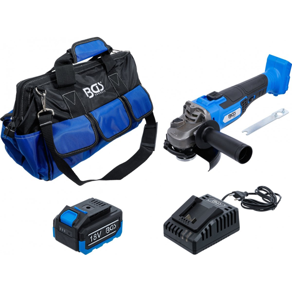 Akumuliatorinio kampinio šlifuoklio rinkinys | bešepetėlinis | 18 V | su įkraunama baterija ir greitu įkrovikliu (7396)