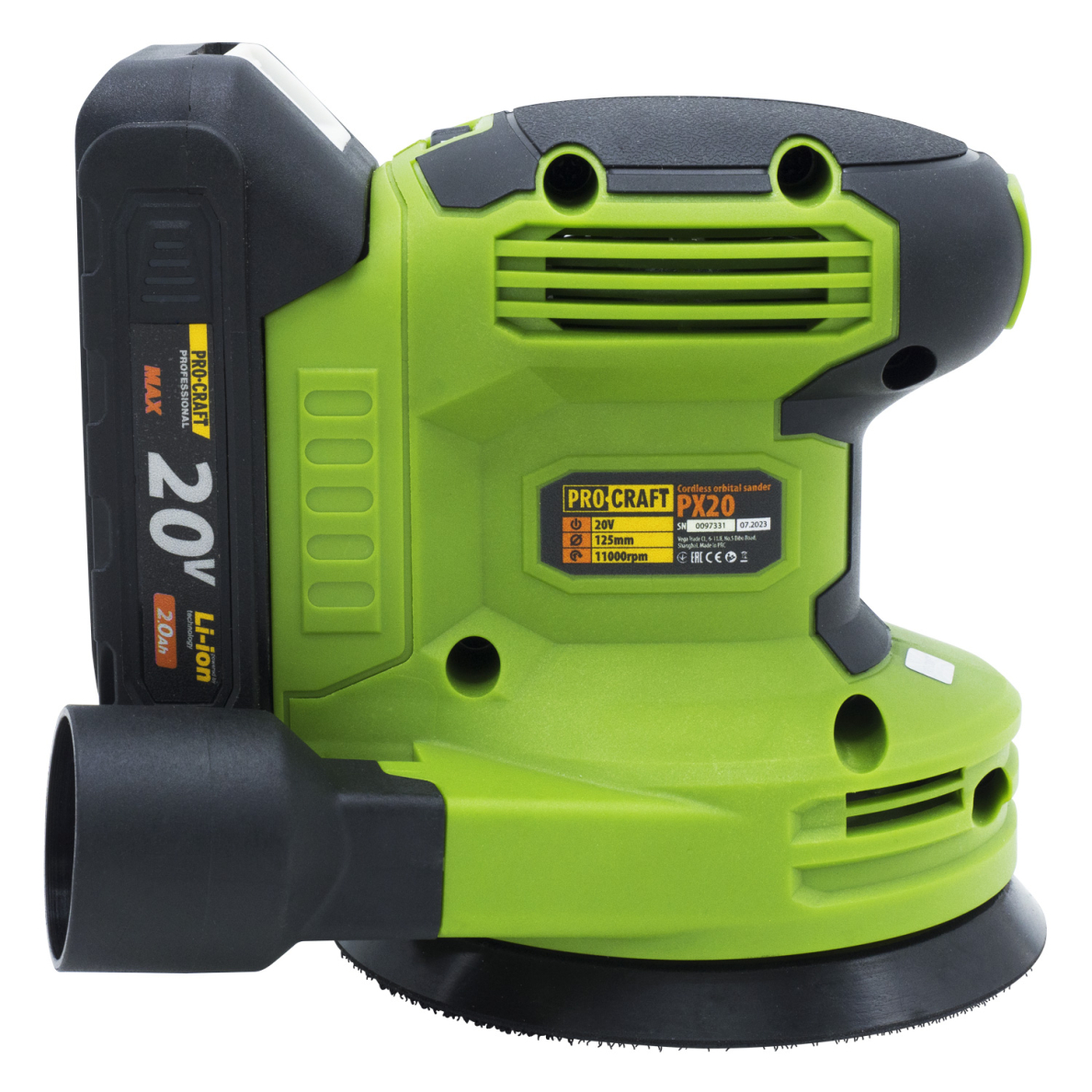 Akumuliatorinis ekscentrinis šlifuoklis ProCraft PX20, 20 V, 125 mm 1 Akumuliatorinis ekscentrinis šlifuoklis ProCraft PX20, 20 V, 125 mm 1