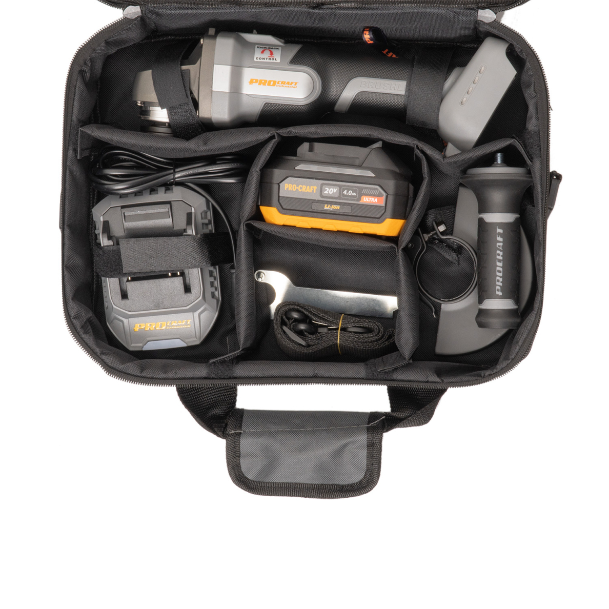 Akumuliatorinis kampinis šlifuoklis ProCraft AG125A-1B-F, 20 V, 4 Ah 10 Akumuliatorinis kampinis šlifuoklis ProCraft AG125A-1B-F, 20 V, 4 Ah 10