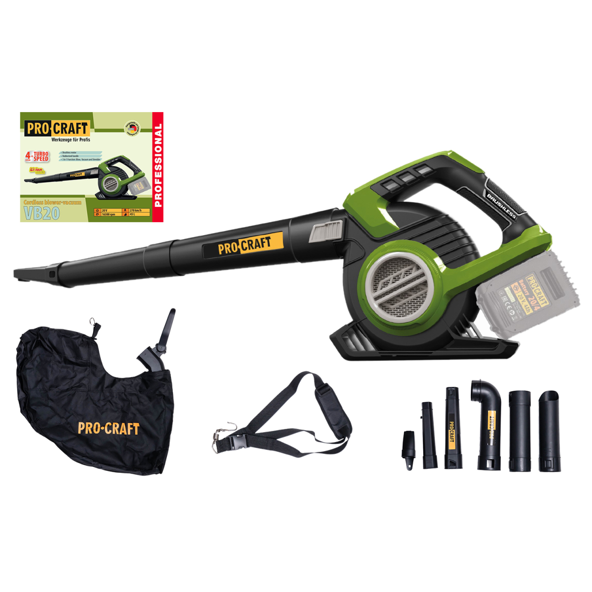 Akumuliatorinis lapų pūstuvas ProCraft VB20, 2x20 V, (be akum. ir krov.) Akumuliatorinis lapų pūstuvas ProCraft VB20, 2x20 V, (be akum. ir krov.)