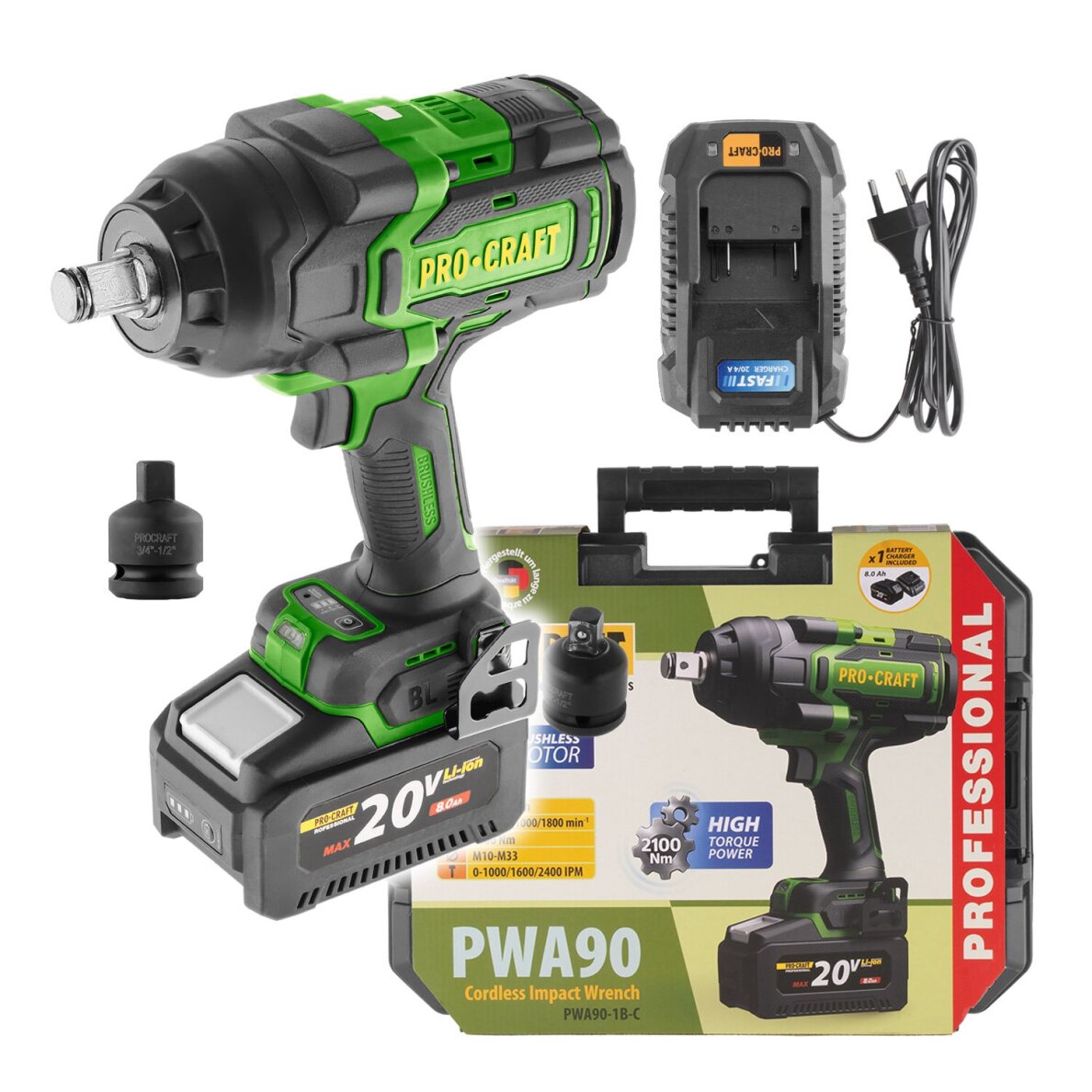 Akumuliatorinis smūginis suktuvas ProCraft PWA90, 20V, 180Nm, (1x 8Ah + krov.) 1