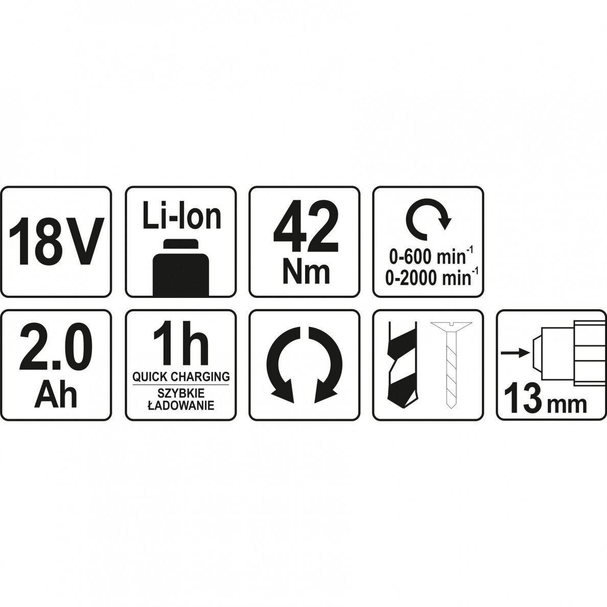 Akumuliatorinis suktuvas-gręžtuvas Yato, 18 V, 2,0 Ah, bešepetėlinis variklis 5 Akumuliatorinis suktuvas-gręžtuvas Yato, 18 V, 2,0 Ah, bešepetėlinis variklis 5