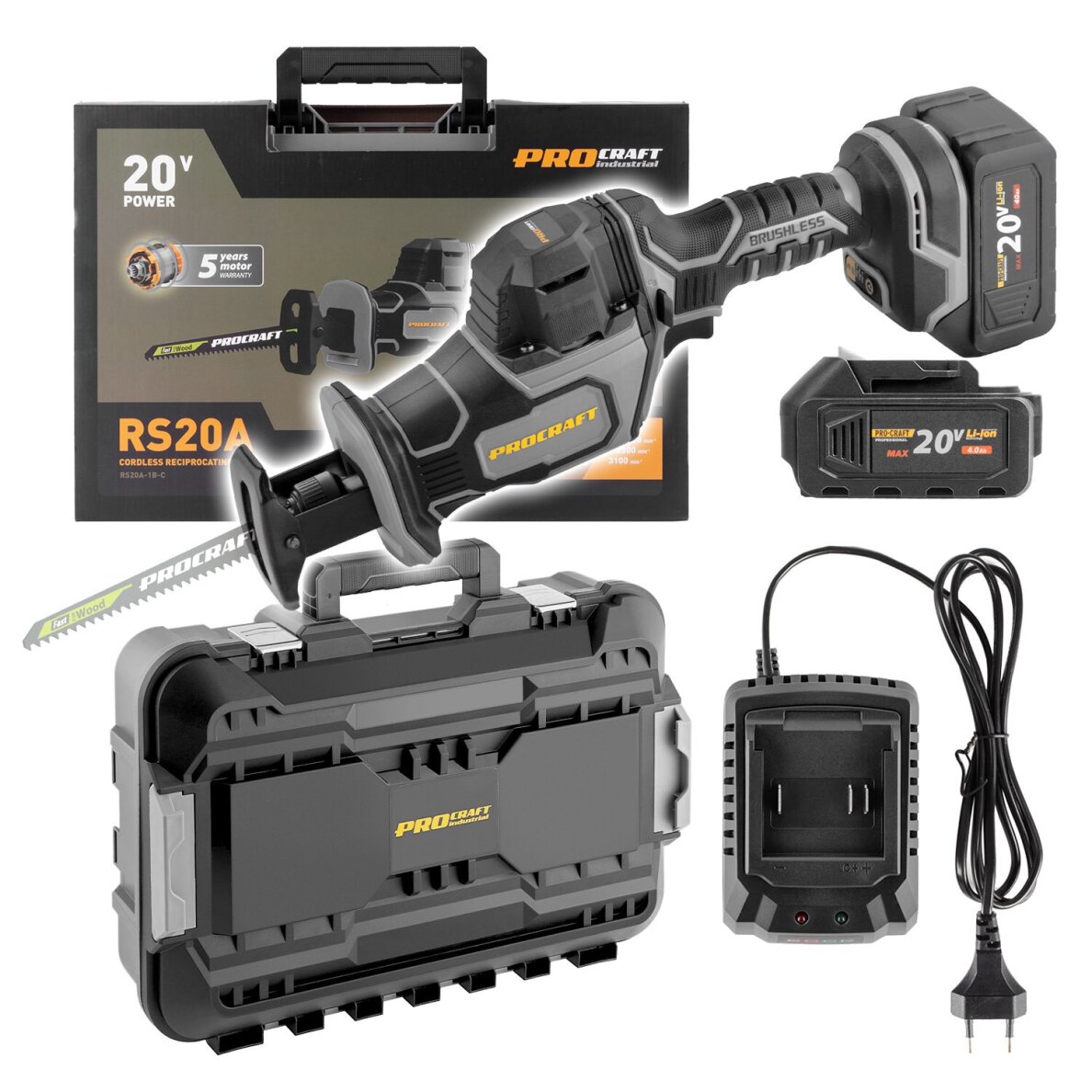 Akumuliatorinis tiesinis pjūklas ProCraft RS20A-1B-C, 20 V (1x 4Ah + krov.) 1 Akumuliatorinis tiesinis pjūklas ProCraft RS20A-1B-C, 20 V (1x 4Ah + krov.) 1