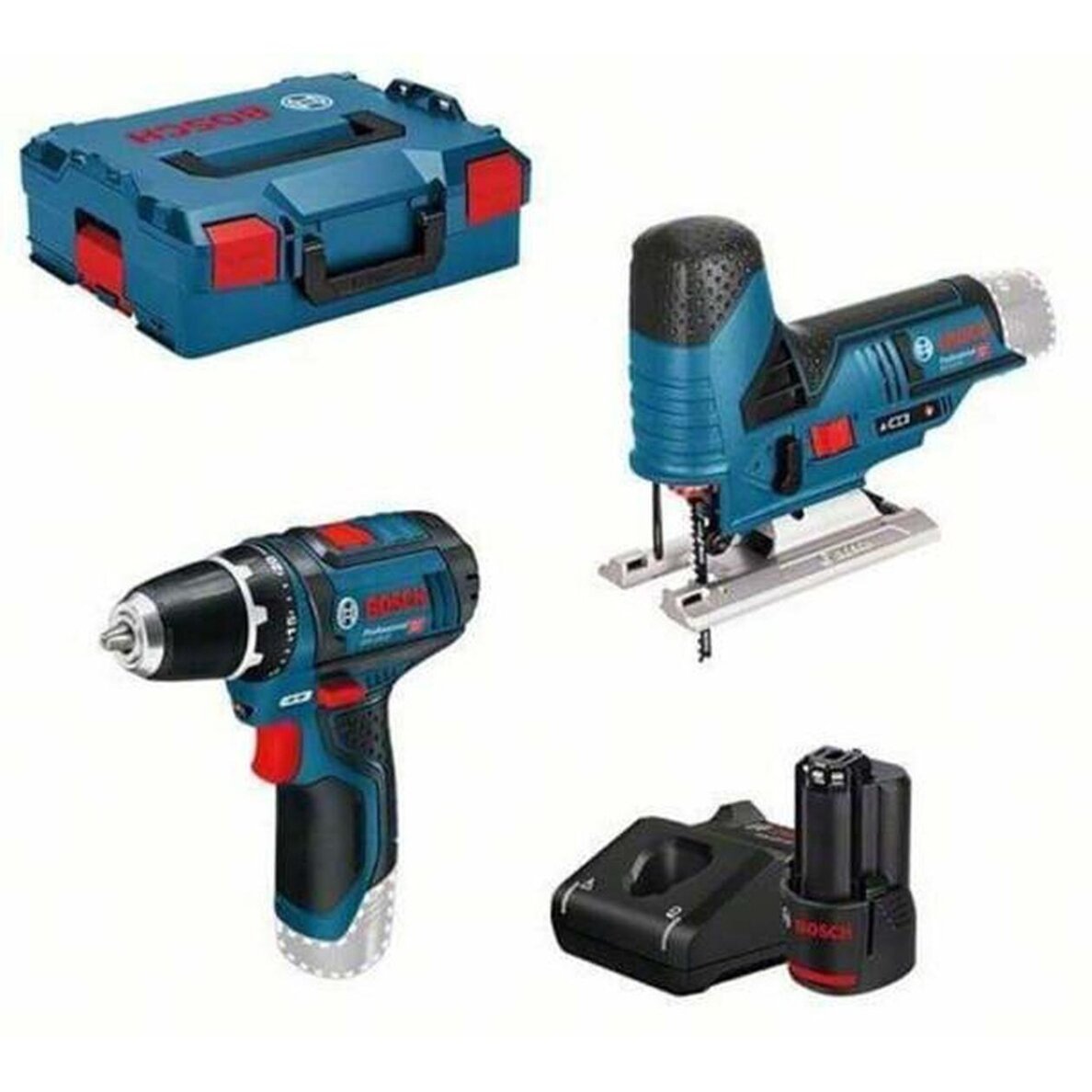 Akumuliatorinių įrankių rinkinys su akumuliatoriumi Bosch GSR + GST + 2x GBA 2.0Ah + GAL, 12V, 2Ah