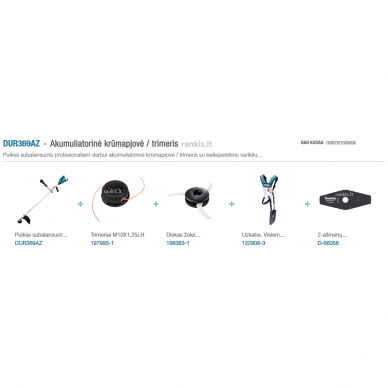 Akumuliatorinė krūmapjovė / trimeris Makita DUR369AZ, 2x18V 1 Akumuliatorinė krūmapjovė / trimeris Makita DUR369AZ, 2x18V 1