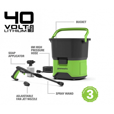 Akumuliatorinė aukšto slėgio plovykla Greenworks GDC40, 40 V, ( be akum. ir krov.) 9 Akumuliatorinė aukšto slėgio plovykla Greenworks GDC40, 40 V, ( be akum. ir krov.) 9