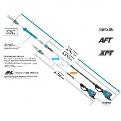 Akumuliatorinė teleskopinė aukštapjovė Makita DUA301Z, 18Vx2, 30cm 2 Akumuliatorinė teleskopinė aukštapjovė Makita DUA301Z, 18Vx2, 30cm 2
