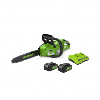 Akumuliatorinis grandininis pjūklas Greenworks GD24X2CS36K4x, 48 V(2x24 V), 2x4,0 Ah, 36 cm Akumuliatorinis grandininis pjūklas Greenworks GD24X2CS36K4x, 48 V(2x24 V), 2x4,0 Ah, 36 cm