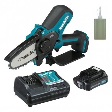 Akumuliatorinis grandininis genėjimo pjūklas MAKITA UC100DWA, 12 V, 2.0 Ah + alyva Akumuliatorinis grandininis genėjimo pjūklas MAKITA UC100DWA, 12 V, 2.0 Ah + alyva