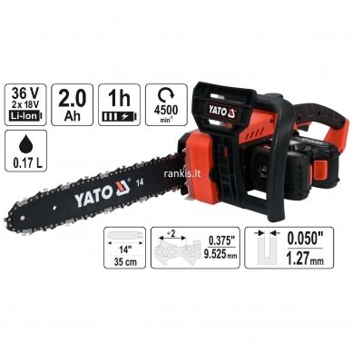 Akumuliatorinis grandininis pjūklas Yato YT-82812, 2x18V, 2 x 2,0Ah Akumuliatorinis grandininis pjūklas Yato YT-82812, 2x18V, 2 x 2,0Ah