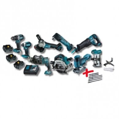 Akumuliatorinių įrankių komplektas Makita DLX9009T + Peiliukai, 18 V, 3x5.0Ah Akumuliatorinių įrankių komplektas Makita DLX9009T + Peiliukai, 18 V, 3x5.0Ah
