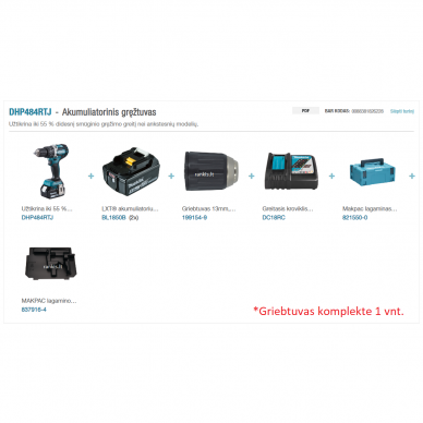 Akumuliatorinis gręžtuvas Makita DHP484RTJ, 18 V, 2x 5,0 Ah Li-ion 6 Akumuliatorinis gręžtuvas Makita DHP484RTJ, 18 V, 2x 5,0 Ah Li-ion 6