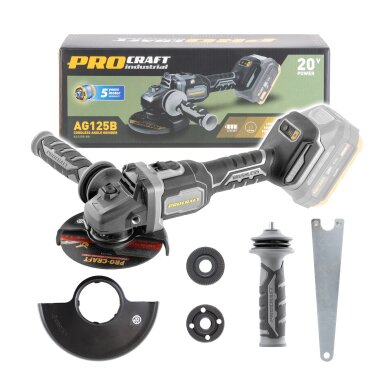 Akumuliatorinis kampinis šlifuoklis ProCraft AG125Bbb, 20 V, (be akum. ir krov.) Akumuliatorinis kampinis šlifuoklis ProCraft AG125Bbb, 20 V, (be akum. ir krov.)