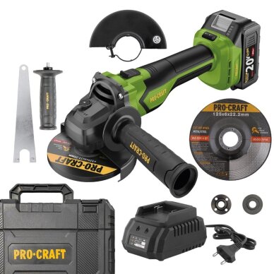 Akumuliatorinis kampinis šlifuoklis ProCraft PGA22-1B-C, 20 V, 4,0 Ah