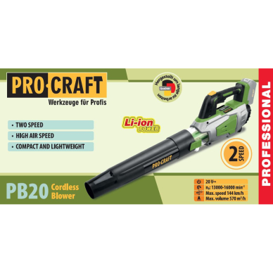 Akumuliatorinis lapų pūstuvas ProCraft PB20, 20 V, (be akum. ir krov.) 9