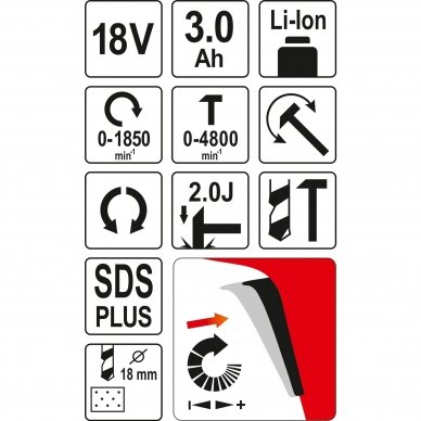 Akumuliatorinis perforatorius Yato, SDS+, 18 V, 3,0 AH 5