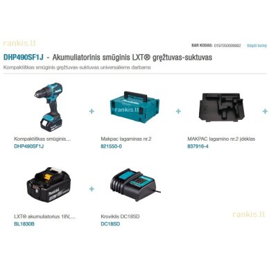 Akumuliatorinis smūginis suktuvas-gręžtuvas Makita  DHP490SF1J, 18V, 1x3.0Ah 7