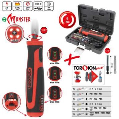 Akumuliatorinis suktuvas eMONSTER,  komplektas su 1/4´´ antg, KS Tools