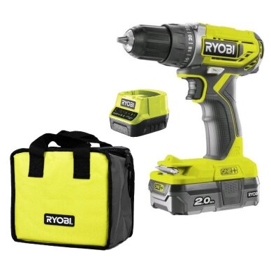 Akumuliatorinis suktuvas - gręžtuvas Ryobi R18DD2-120S, 18V, 1x2.0Ah Akumuliatorinis suktuvas - gręžtuvas Ryobi R18DD2-120S, 18V, 1x2.0Ah