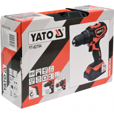 Akumuliatorinis suktuvas-gręžtuvas Yato, 18 V, 2,0 Ah, bešepetėlinis variklis 2 Akumuliatorinis suktuvas-gręžtuvas Yato, 18 V, 2,0 Ah, bešepetėlinis variklis 2