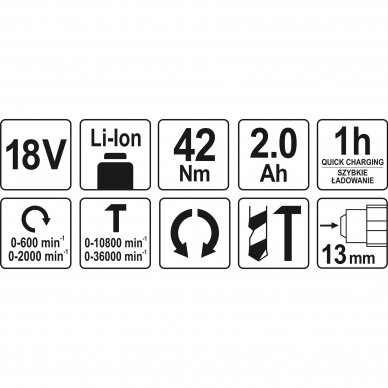 Akumuliatorinis smūginis suktuvas-gręžtuvas Yato, 18 V, 2,0 Ah, bešepetėlinis variklis 5 Akumuliatorinis smūginis suktuvas-gręžtuvas Yato, 18 V, 2,0 Ah, bešepetėlinis variklis 5