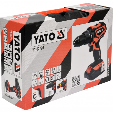 Akumuliatorinis smūginis suktuvas-gręžtuvas Yato, 18 V, 2,0 Ah, bešepetėlinis variklis 2 Akumuliatorinis smūginis suktuvas-gręžtuvas Yato, 18 V, 2,0 Ah, bešepetėlinis variklis 2
