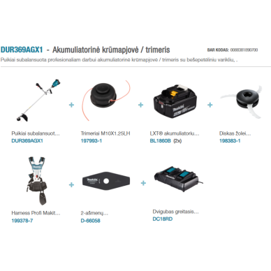 Akumuliatorinis trimeris MAKITA DUR369AGX1, 2x6.0 Ah 2 Akumuliatorinis trimeris MAKITA DUR369AGX1, 2x6.0 Ah 2