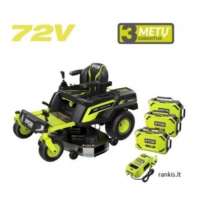 Akumuliatorinis vejos traktorius Ryobi RY72ZTRX137-310, 72 V, 2x10 Ah, 137cm Akumuliatorinis vejos traktorius Ryobi RY72ZTRX137-310, 72 V, 2x10 Ah, 137cm