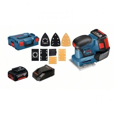 Akumuliatorinis vibracinis šlifuoklis Bosch GSS 18V-10, 2x5Ah akum, lagaminas + priedai Akumuliatorinis vibracinis šlifuoklis Bosch GSS 18V-10, 2x5Ah akum, lagaminas + priedai