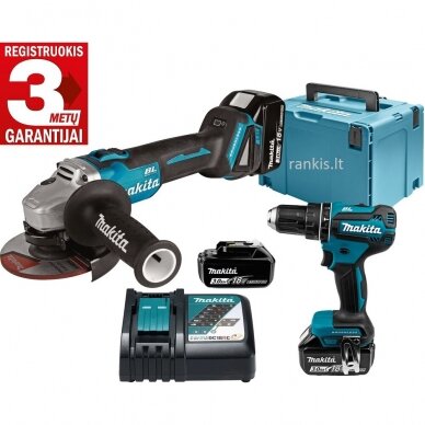 Akumuliatorinių įrankių komplektas MAKITA DLX2334J (DHP485Z+DGA504Z), 18V, 3x 3.0Ah Akumuliatorinių įrankių komplektas MAKITA DLX2334J (DHP485Z+DGA504Z), 18V, 3x 3.0Ah