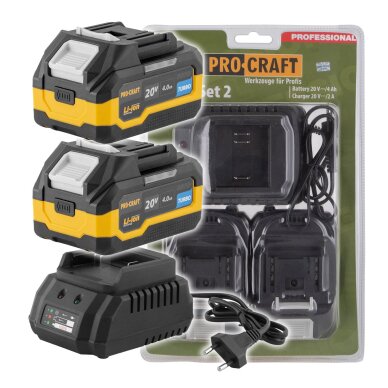 Akumuliatoriaus ir kroviklio komplektas ProCraft PBC-Set 2, 20V, 2x4.0Ah