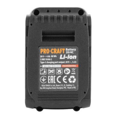 Akumuliatorius ProCraft 20/4C, 20V Li-ion, 4Ah (USB type C) 3 Akumuliatorius ProCraft 20/4C, 20V Li-ion, 4Ah (USB type C) 3