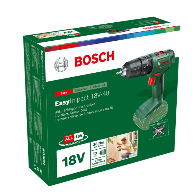 Akumuliatorinis smūginis gręžtuvas- suktuvas Bosch EasyImpact 18V-40, 18 V, (be akum. ir krov.) 1 Akumuliatorinis smūginis gręžtuvas- suktuvas Bosch EasyImpact 18V-40, 18 V, (be akum. ir krov.) 1