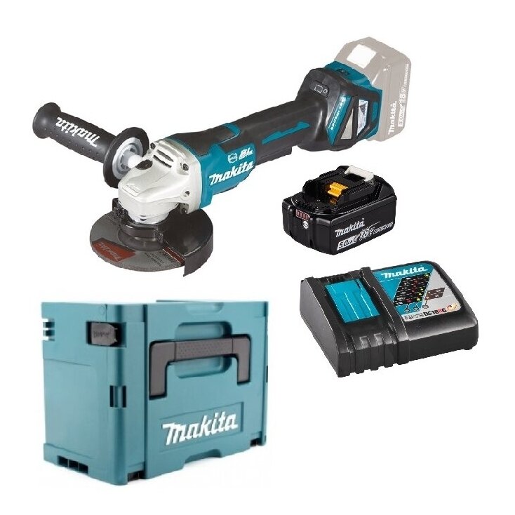 Akumuliatorinis kampinis šlifuoklis Makita DGA518RT1JU, 18V, 5,0Ah Akumuliatorinis kampinis šlifuoklis Makita DGA518RT1JU, 18V, 5,0Ah