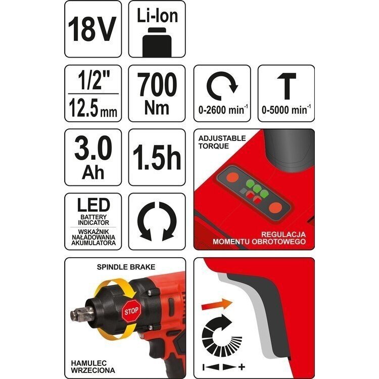 Akumuliatorinis smūginis veržliasūkis Yato, 3Ah, 700Nm, 18V 6 Akumuliatorinis smūginis veržliasūkis Yato, 3Ah, 700Nm, 18V 6