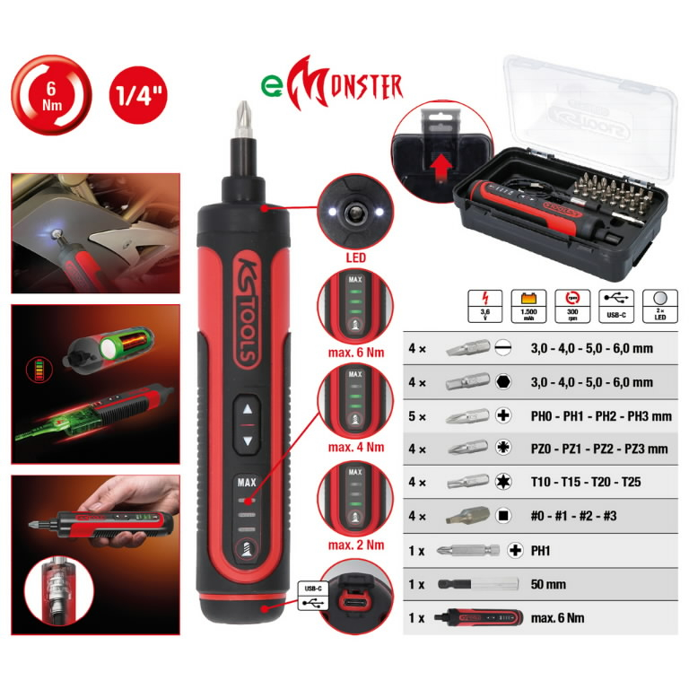 Akumuliatorinis suktuvas eMONSTER,  komplektas su 1/4´´ antg, KS Tools 2