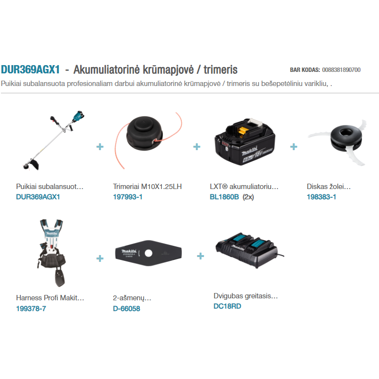 Akumuliatorinis trimeris MAKITA DUR369AGX1, 2x6.0 Ah 2 Akumuliatorinis trimeris MAKITA DUR369AGX1, 2x6.0 Ah 2